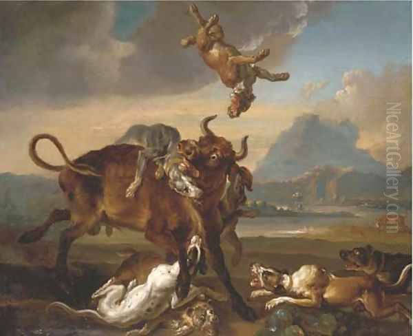 Hounds attacking a bull Oil Painting by Domenico Brandi