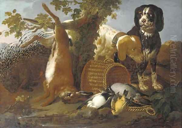 Spaniels, a porcupine, a hare and game in a landscape Oil Painting by Domenico Brandi