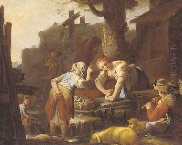 A shepherd piping to washerwomen at a stream before a cottage Oil Painting by Domenico Brandi