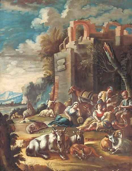 An Italianate landscape with peasants resting with cattle and sheep amongst ruins Oil Painting by Domenico Brandi