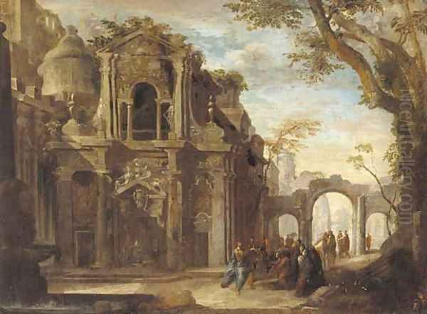 An architectural capriccio with Christ healing the sick Oil Painting by Francesco Battaglioli