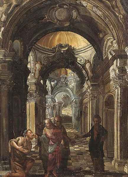 Christ healing the blind man Oil Painting by Francesco Battaglioli