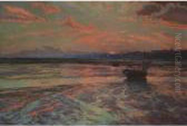 Sunset At Low Tide Westcliff On Sea Oil Painting by Charles Ernest Butler