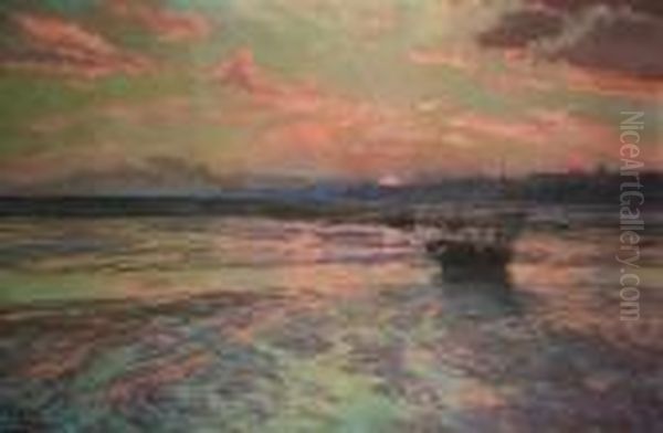 Sunset At Low Tide, Westcliff On Sea Oil Painting by Charles Ernest Butler