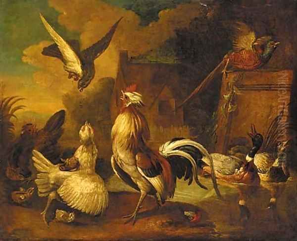 A hawk attacking a cockerel, with chickens Oil Painting by Francis Barlow