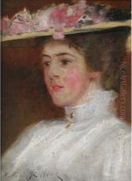 Portrait Of A Young Ladywearing A Hat Oil Painting by Herbert E. Butler