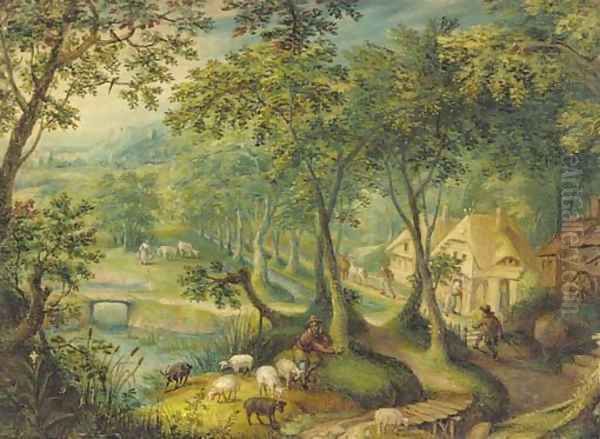 A wooded landscape with a shepherd and sheep on a track with figures before cottages beyond Oil Painting by Hans Bol