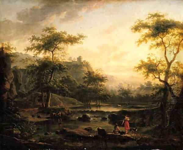 A river landscape with a washerwoman and a herder resting Oil Painting by Jan Both