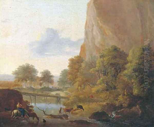 An Italianate landscape with muleteers fording a river, a sportsman in the distance Oil Painting by Jan Both