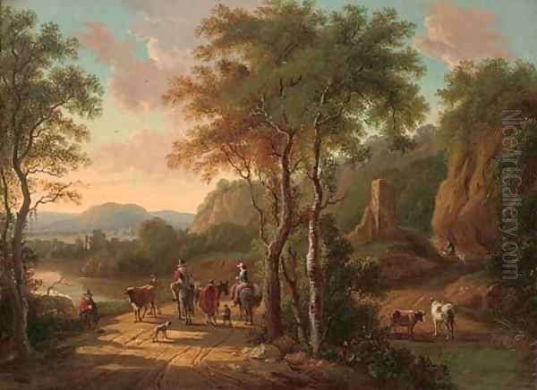 A mountainous landscape with travellers on a track by a river Oil Painting by Jan Both