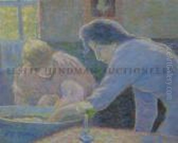 Two Women Bathing Baby Oil Painting by Theodore Butler