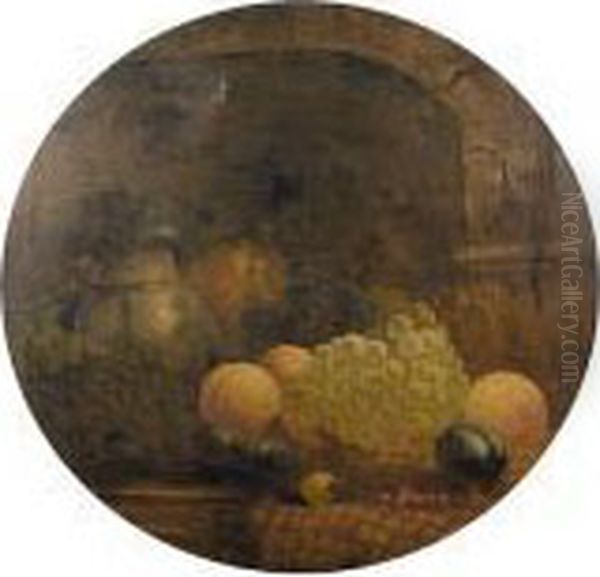 Still Life Of Fruit And A Jug On A Ledge Oil Painting by Theodore Butler