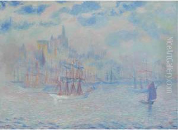 Ships In New York Harbor Oil Painting by Theodore Butler