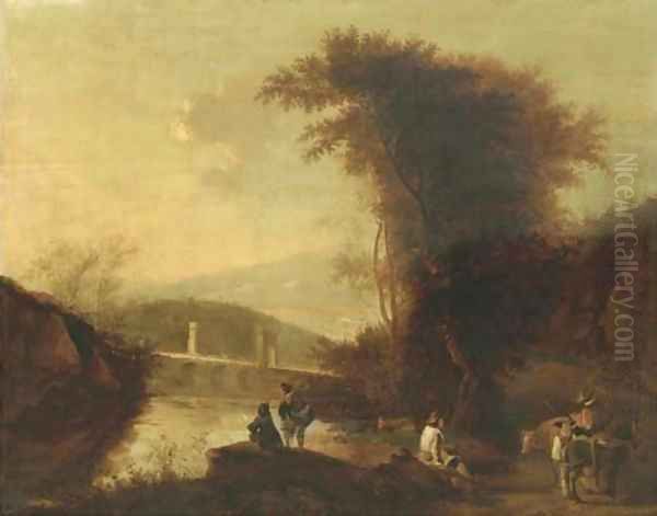 A mountainous river landscape with herdsmen and travellers on a path near a bridge Oil Painting by Jan Both