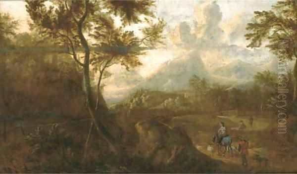 A wooded landscape with travellers on a path Oil Painting by Jan Both