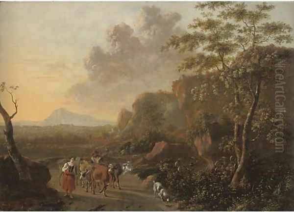 An Italianate mountainous landscape with herdsmen on a path Oil Painting by Jan Both