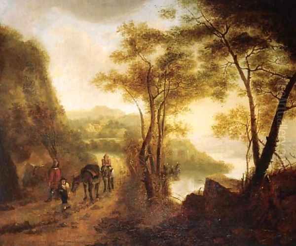 Travellers on a path overlooking a valley in an Italianate landscape Oil Painting by Jan Both