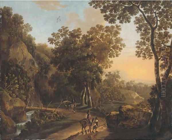 A wooded landscape with travellers on a hillside track Oil Painting by Jan Both