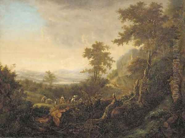 An extensive river landscape with travellers on a hillside path Oil Painting by Jan Both