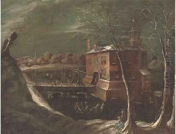 A moonlit winter landscape with skaters on a frozen lake, a mansion beyond Oil Painting by Joseph van Bredael