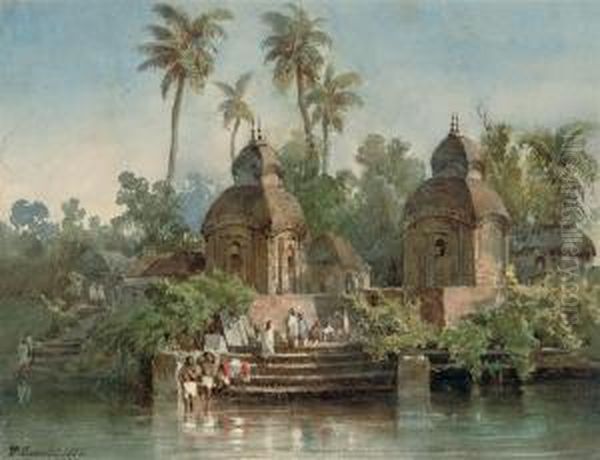 An Indian Village On The Banks Of A River With Figures Washing At The Ghats Oil Painting by Abraham Louis Buvelot