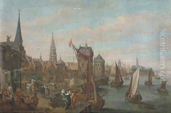 A view of Antwerp with elegant company on a quay Oil Painting by Joseph van Bredael