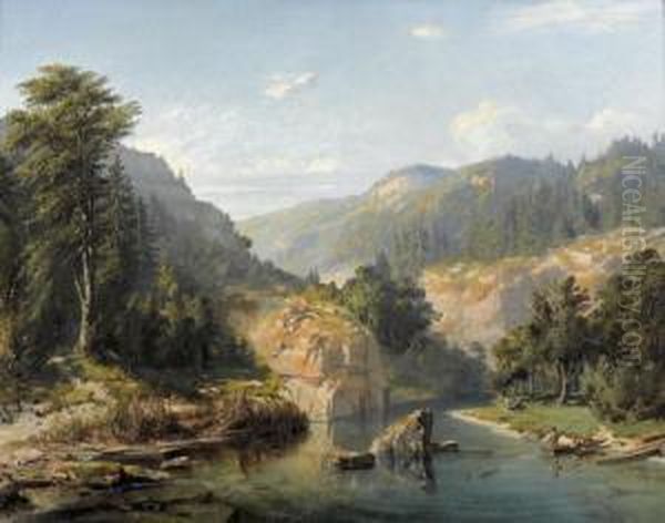 Flusslandschaft Im Gebirge Mit Fischerbooten. Oil Painting by Abraham Louis Buvelot