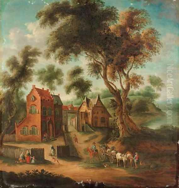 A wooded landscape with figures and a horse and cart before a hamlet Oil Painting by Joseph van Bredael