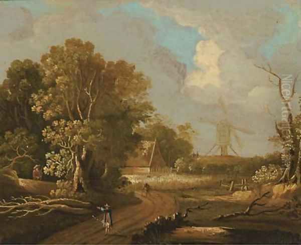 A wooded landscape with travellers on a track, a windmill beyond Oil Painting by Joseph van Bredael