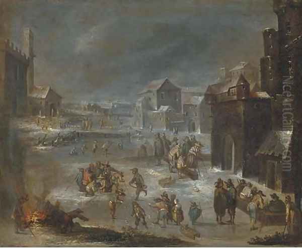 A village with peasants playing skittles and drinking; and A winter landscape with skaters Oil Painting by Joseph van Bredael