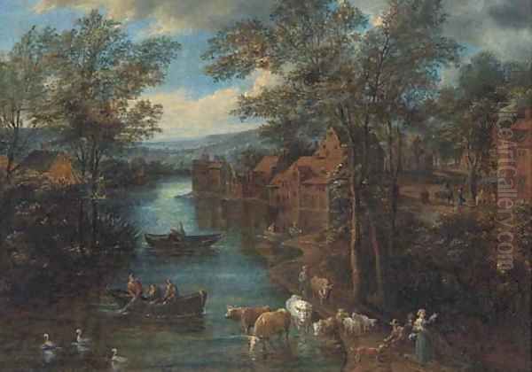 A wooded river landscape with fisherman and peasants on a track Oil Painting by Joseph van Bredael