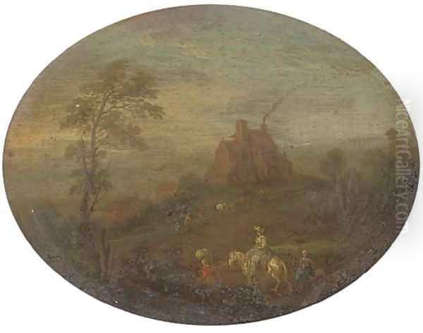 A wooded river landscape with travellers on a track; and A wooded river landscape with travellers on a track, a cottage beyond Oil Painting by Joseph van Bredael