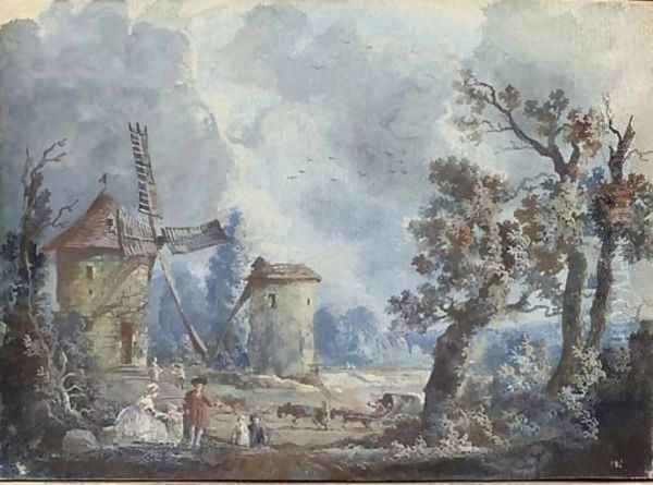 Figures in a stormy landscape with windmills; and Figures in a landscape with a donkey drinking at a fountain Oil Painting by Louis Nicolael van Blarenberghe