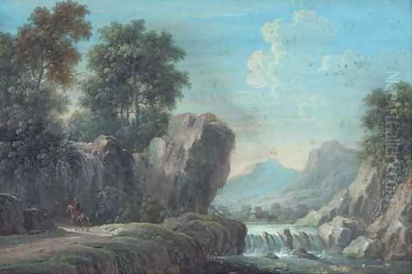 A mountainous, wooded river landscape with a figure on horseback on a path; and A wooded landscape with travellers on a track Oil Painting by Louis Nicolael van Blarenberghe