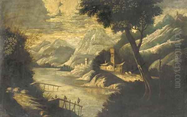 A mountainous river landscape with figures on a pier and fortified towns beyond Oil Painting by Paul Bril