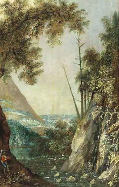 A rocky landscape with a traveller by a waterfall Oil Painting by Paul Bril