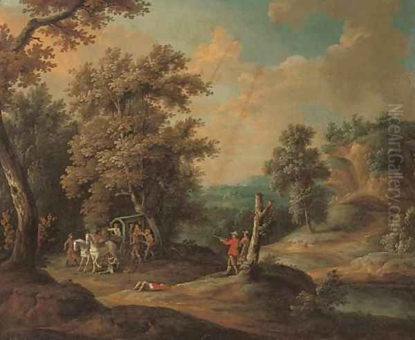 A wooded river landscape with brigands ambushing a carriage Oil Painting by Paul Bril