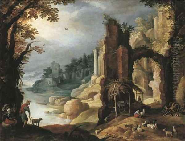 A classical river landscape with herdsmen and goats resting amongst ruins Oil Painting by Paul Bril