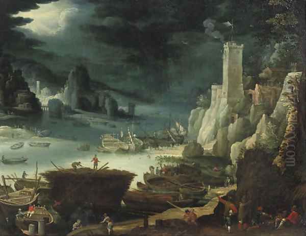 A harbour scene with soldiers sitting around a fire, figures at work on their boats nearby Oil Painting by Paul Bril