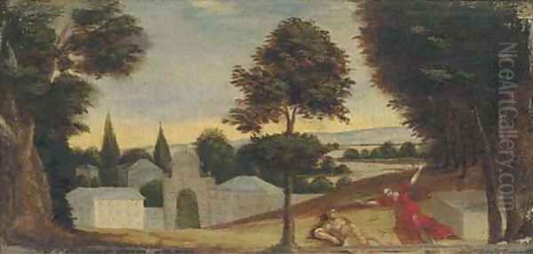 A wooded landscape with Pyramus and Thisbe Oil Painting by Paul Bril