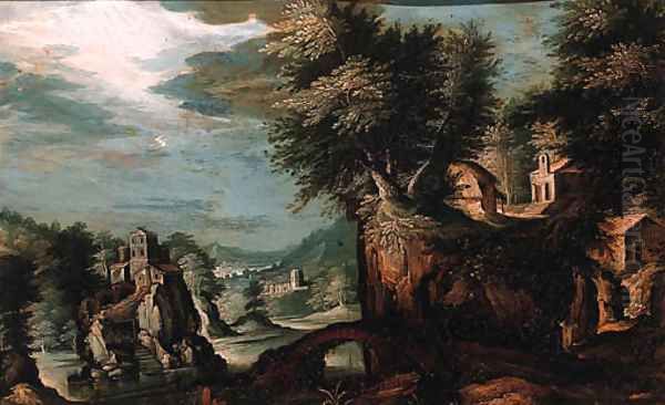 Cottages on a cliff overlooking a valley with a castle on a rock beyond Oil Painting by Paul Bril