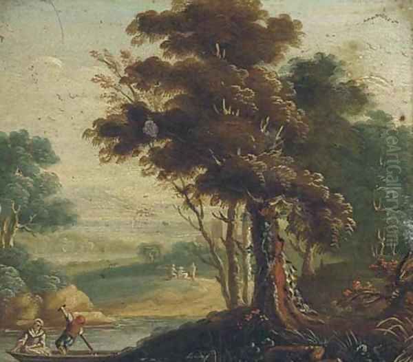 A river landscape with figures in a boat Oil Painting by Willem Van Den Bundel