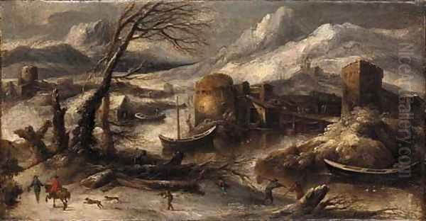 A winter landscape with fishermen by a river Oil Painting by Willem Von Bemmel