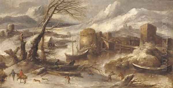 An Italianate winter landscape with fishermen by a river Oil Painting by Willem Von Bemmel