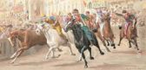 'the Palio Of Sienna'; 'a Riderless Horse Race, Italy' Oil Painting by William Hounsom Byles