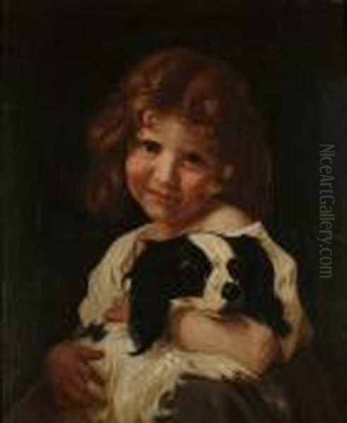 Portrait, Half Length, Of A Young Girl Holding A Cavalier King Charles Spaniel Oil Painting by William Hounsom Byles