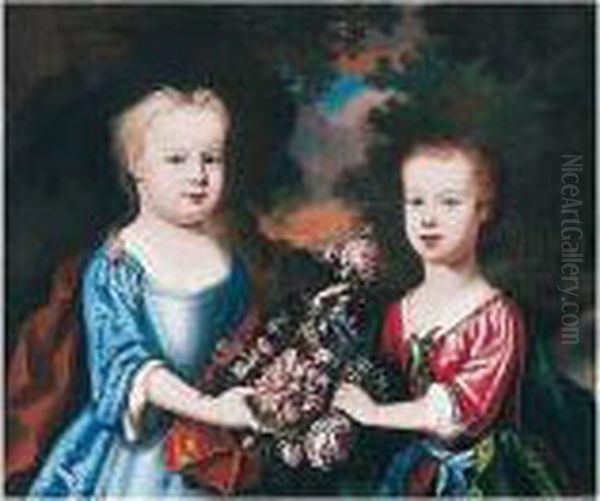 Portrait Of Two Children With Flowers In A Landscape Oil Painting by Robert Byng