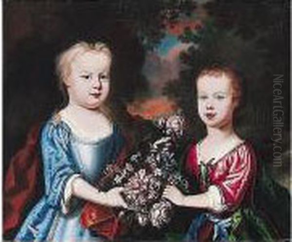 Portrait Of Two Children With Flowers In A Landscape Oil Painting by Robert Byng