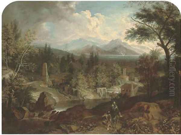 A river landscape with the Flight into Egypt Oil Painting by Franz Joachim Beich