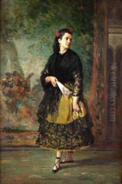 Joven Con Abanico Oil Painting by Manuel Cabral Aguado Y Bejarano